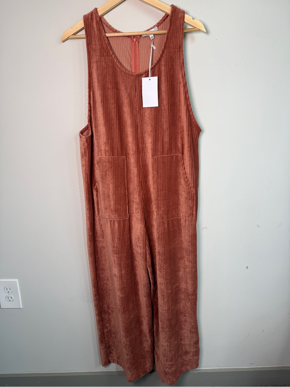 NWT Polagram Ribbed Velvet Jumpsuit Wide Leg Rust Sz L
